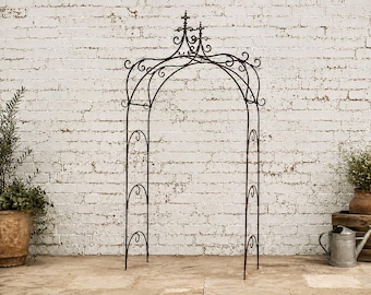 Wrought Iron Ornate Arbor Climbing Flower Garden Arch, Rustic Plant Vine Trellis Support, Metal Archway Entry
