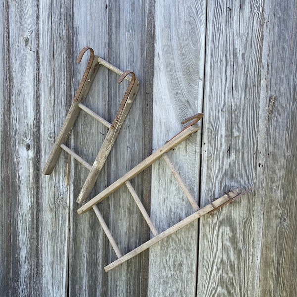 Choose From 2 Vintage Wooden 3 Rung Ladders - Rustic Hooks - Old Weathered - Antique Primitive Relic - Rare Farmhouse Stand -Fireman Decor