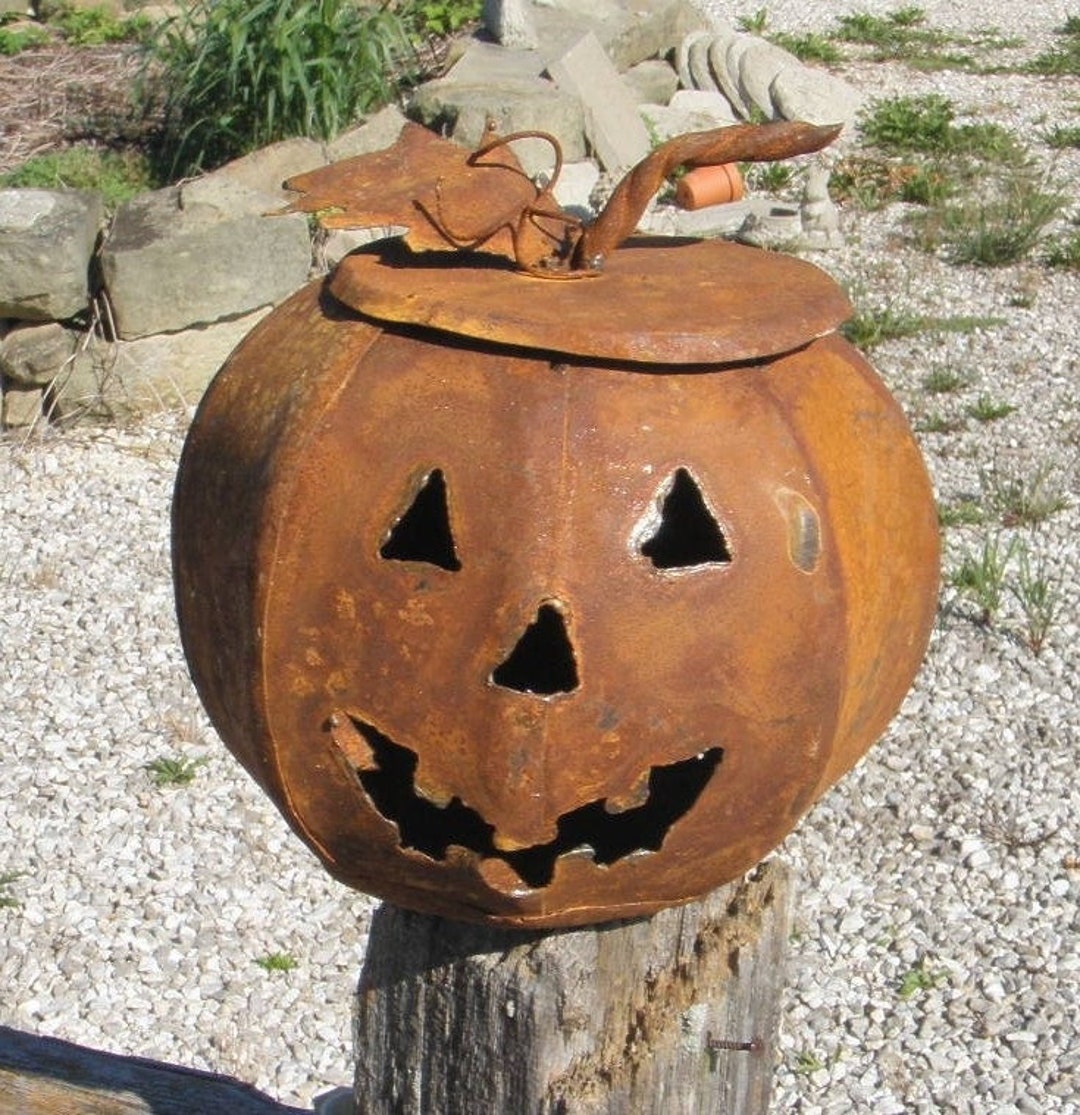 Small 10t X 10 Rusty Metal Jack0lantern Pumpkin, Halloween Decor