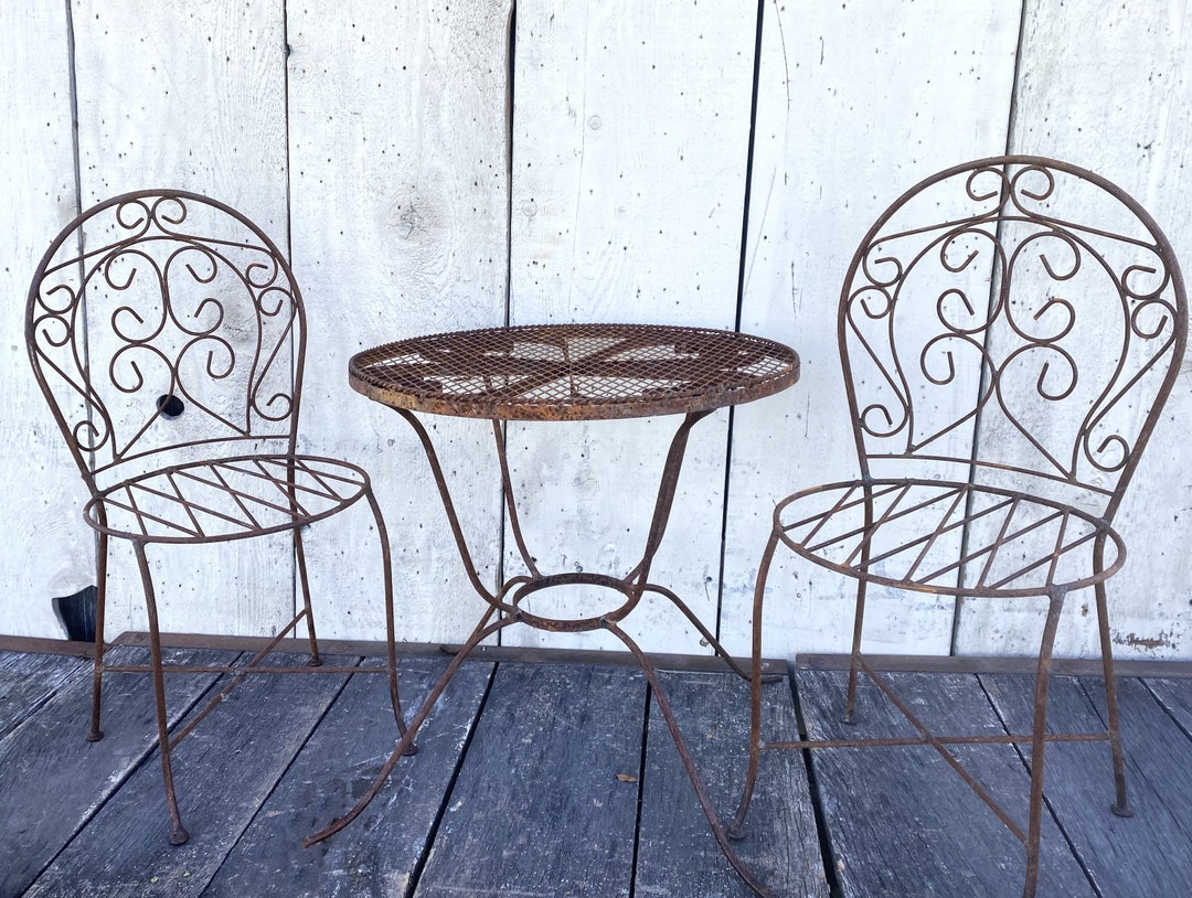 Wrought Iron Miniature Small Table and Chair Set Child s Furniture Outdoor Lawn Seating Metal Bench Children s Yard Accents Etsy