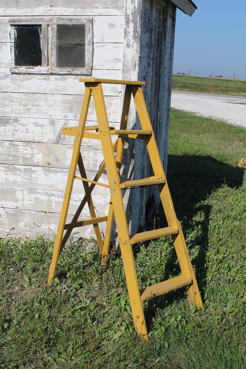 Antique 58 Vintage Mustard Wood Ladder With 5 Steps For Etsy