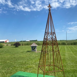 May include: A tall, rusty brown metal garden obelisk with decorative scrollwork stands on a green surface. The obelisk is set against a backdrop of a green lawn, a small wooden structure, and a blue sky with clouds.
