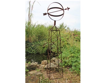 Wrought Iron 71" Military Sundial Topiary Flower Trellis,  Metal Plant Climber, Vegetable Garden Wire, Rustic Yard Sculpture, Lawn Art