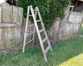 Antique 60 quot Vintage Wood Ladder - 5 Steps Home Decorating Rustic Decor - Primitive No Top - Farmhouse - Lake Beach House - Rope Hinges