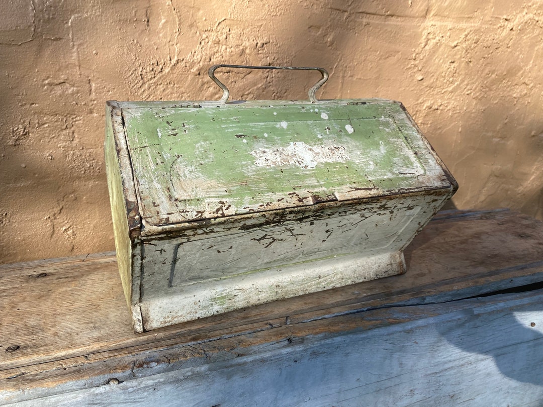 Shabby Green Tin Document Box Antique Metal Storage Mail Holder Tool