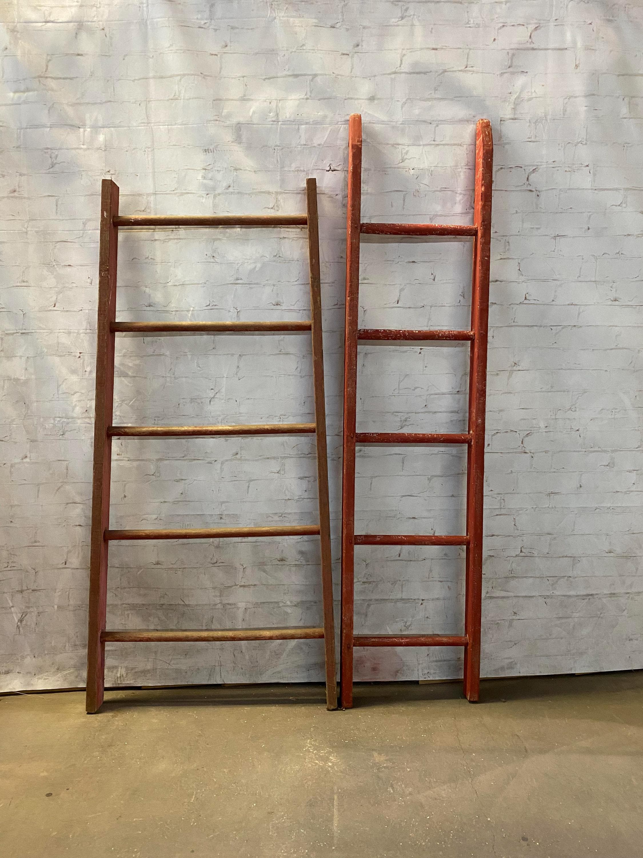 Antique Vintage Wooden 5 Rung Red Ladders - Rustic Shelf - Primitive Farmhouse Look - Quilt Rack