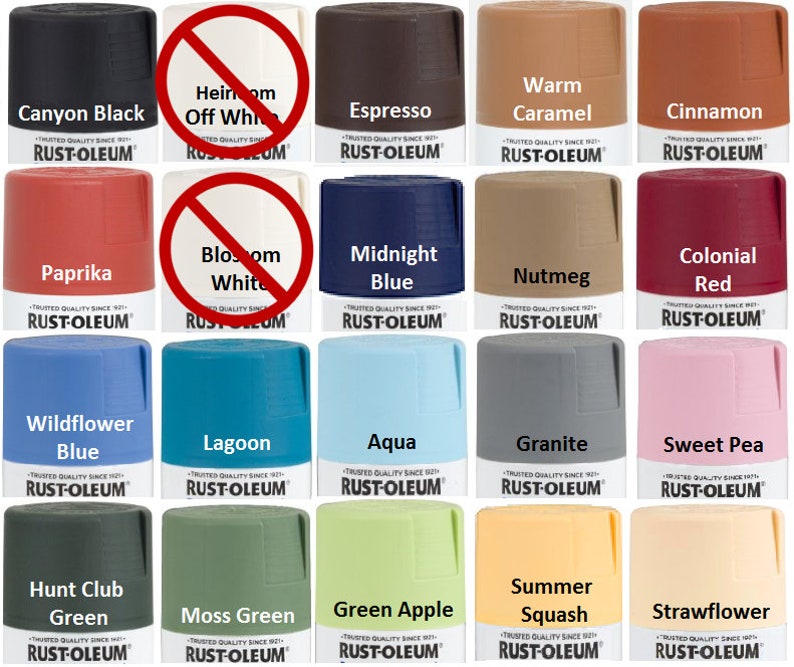 May include: A collection of 18 spray paint cans in various colors, including Canyon Black, Espresso, Warm Caramel, Cinnamon, Paprika, Midnight Blue, Nutmeg, Colonial Red, Wildflower Blue, Lagoon, Aqua, Granite, Sweet Pea, Hunt Club Green, Moss Green, Green Apple, Summer Squash, and Strawflower. Each can features the Rust-Oleum logo and the color name.