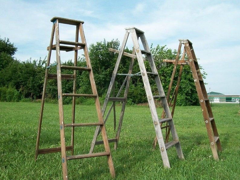 6 Steps Antique Wood Ladder - Primitive Shelf 68" tall - Vintage Surfa...