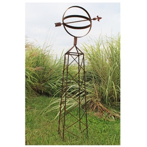 Wrought Iron 68" Military Sundial Topiary Flower Trellis,  Metal Plant Climber, Vegetable Garden Wire, Rustic Yard Sculpture, Lawn Art