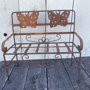 24&quot; Wrought Iron Miniature Small Butterfly Bench, Childs Furniture Outdoor Lawn Seating, Metal Bench Yard Accents, Decorative Patio Chair