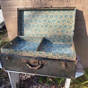 Old Blue - Antique Trunk - Vintage Storage Locker - School Case - Metal Suitcase University Of Illinois Student - Primitive Clothing Display
