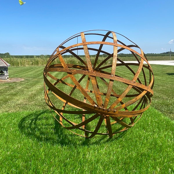 Wrought Iron 18" Strap  Garden Sphere,  Metal Plant Climber, Vegetable Garden Wire, Rustic Yard Sculpture , Round Trellis