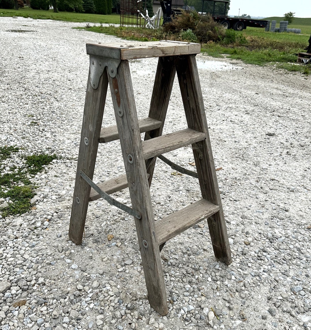 Antique Wood 3 Step Ladder Display 35 Tall Primitive Stand Vintage