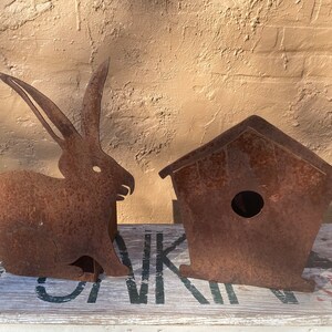 2 Metal Planters - Rabbit and Birdhouse - Decorative Containers - Pot Holders