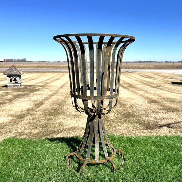 Wrought Iron Strapping Urn – 27" Rustic Vintage Garden Planter