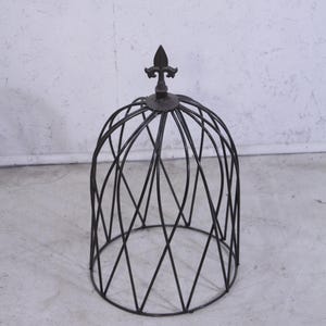 May include: A decorative black metal cage with a fleur-de-lis finial. The cage has a domed shape with vertical and crisscrossing bars, suitable for home decor or garden use.