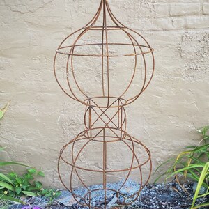 Wrought Iron 46 Double Bob Topiary Flower Trellis, Tall Plant Climber, Vegetable Garden, Big Rustic Yard Sculpture, Large Round Gardening image 8