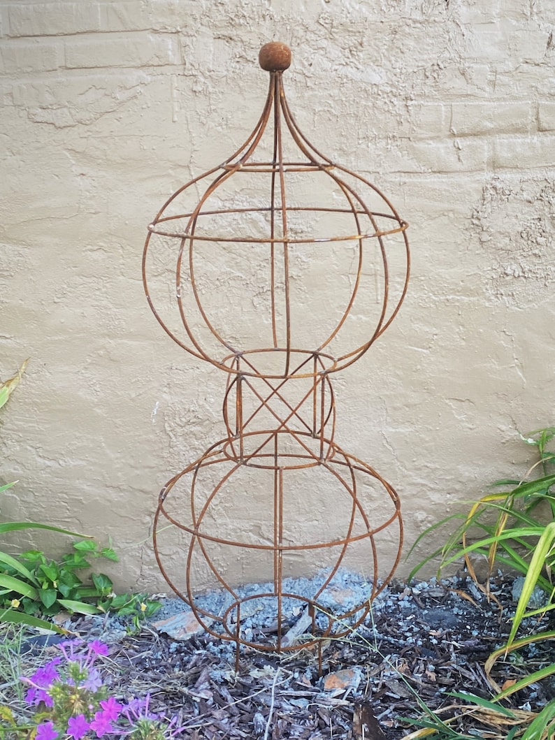 Wrought Iron 46 Double Bob Topiary Flower Trellis, Tall Plant Climber, Vegetable Garden, Big Rustic Yard Sculpture, Large Round Gardening image 8