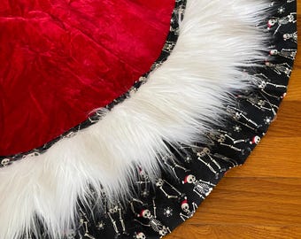 Handmade Skeleton Santa Christmas Tree Skirt: Ruffled Fur Trim