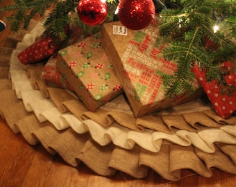 Burlap Christmas Tree Skirt  White and Tan, Neutral Country Rustic Christmas Tree Skirt