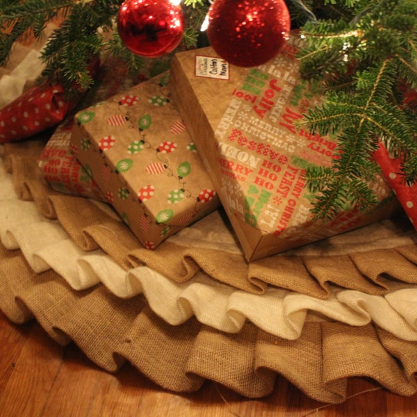 Burlap Christmas Tree Skirt  White and Tan, Neutral Country Rustic Christmas Tree Skirt