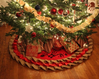 Ruffled Christmas Tree Skirt, , Red satin and Burlap Classic Christmas Tree Skirt, Rustic Country Christmas