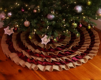 Handmade Burlap Christmas Tree Skirt: Wine Satin Ruffles, Rustic Decor