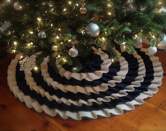 Handmade Burlap Christmas Tree Skirt: Navy Blue Ruffle, Rustic Decor