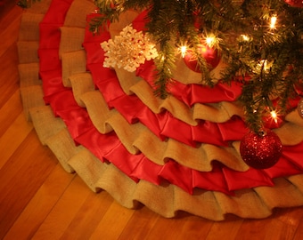 Handmade Burlap Christmas Tree Skirt: Red Satin Ruffled, Rustic Decor