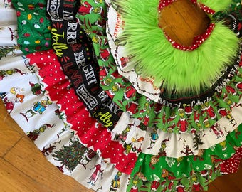 Handmade Grinch Christmas Tree Skirt: Ruffled Green Fur