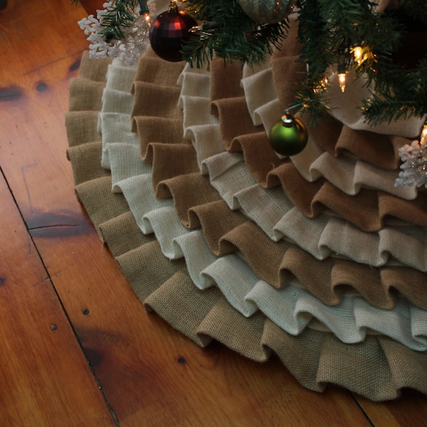 Burlap Christmas Tree Skirt, Natural Burlap and White Burlap