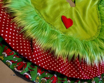 Handmade Grinch Christmas Tree Skirt: Green Fur Ruffled Cotton