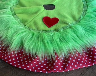 Grinch Ruffled Christmas Tree Skirt, Green Fur Christmas Tree Skirt
