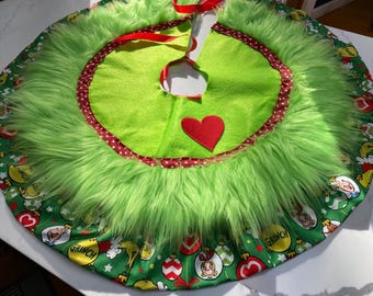 Grinch Ornament Ruffled Christmas Tree Skirt, Green Fur Christmas Tree Skirt