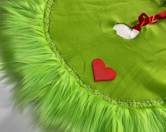 Grinch Ruffled Christmas Tree Skirt, Green Fur Christmas Tree Skirt