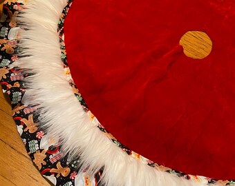 Santa Beard Cocoa Mug Ruffled Christmas Tree Skirt, White Fur Christmas Tree Skirt