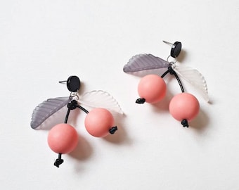 Dangle Chunky Cherry Posts Earrings - 40s 50s bakelite style - Handmade in France