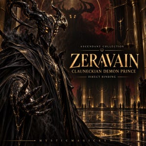 May include: A dark, horned figure in black armour with glowing yellow eyes stands in a grand hall. Text reads: ASCENDANT COLLECTION ZERAVAIN CLAUNECKIAN DEMON PRINCE DIRECT BINDING MYSTIC MAGICKS. The scene features golden pillars and scales.
