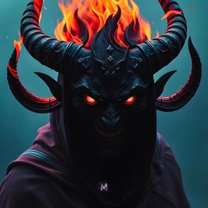 Puede incluir: Ilustración digital de una figura demoníaca con cuernos grandes y curvos y cabello de fuego. La criatura tiene ojos rojos brillantes y una sonrisa siniestra, vistiendo una capucha y capa oscuras. El fondo es un verde azulado borroso.