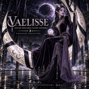 Puede incluir: Una ilustración digital de una figura con cuernos que viste un vestido de terciopelo morado oscuro con bordados dorados, sentada sobre una gran luna creciente brillante. Texto: VAELISSE LUNAR SUCCUBUS NIGHT CONSORT SIGNATURE COLLECTION y MYSTICMAGICKS.