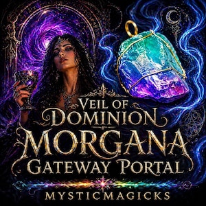 Könnte beinhalten: Digitales Kunstwerk mit einer Frau, die einen Kelch hält, und dem Text "Veil of Dominion Morgana Gateway Portal Mystic Magicks". Ein großer, mehrfarbiger Kristall schwebt vor einem wirbelnden lila und blauen Hintergrund.