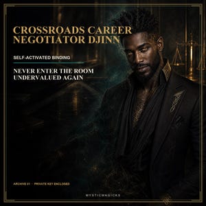May include: A digital graphic featuring a person with dark skin and golden glowing markings wearing a black suit with gold lapel details. Text reads: CROSSROADS CAREER NEGOTIATOR DJINN, SELF-ACTIVATED BINDING, NEVER ENTER THE ROOM UNDERVALUED AGAIN, ARCHIVE 01, PRIVATE KEY ENCLOSED, MYSTICMAGICKS.