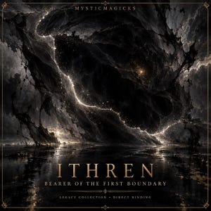 May include: A square print featuring a dark, swirling abstract nebula with glowing white light streaks. The text reads MYSTICMAGICKS at the top, ITHREN BEARER OF THE FIRST BOUNDARY in the center, and LEGACY COLLECTION DIRECT BINDING at the bottom.