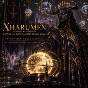 May include: A digital illustration of a dark-skinned figure with horns, wearing ornate purple and gold robes, touching a glowing golden orb. Text reads: XHARUMEN CHENORIAN WISH MAGICK DEMON KING SOVEREIGN COLLECTION RARE PREMIUM BINDING & FORMAL ASTRAL RECEPTION.