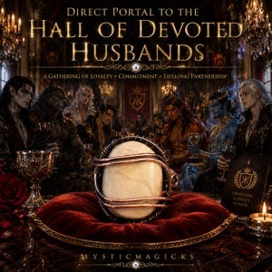 Puede incluir: Una piedra blanca ovalada y lisa envuelta en alambre de cobre oscuro, sobre un cojín de terciopelo rojo. El fondo muestra una ilustración digital de un gran salón con el texto DIRECT PORTAL TO THE HALL OF DEVOTED HUSBANDS y un pequeño libro con las palabras DEVOTION LOYALTY HONOR.