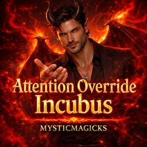 Peut inclure: Illustration numérique d'un homme avec des cornes et des oreilles pointues, sur fond de feu. Le texte "Attention Override Incubus" est mis en évidence, avec "MYSTICMAGICKS" en dessous.