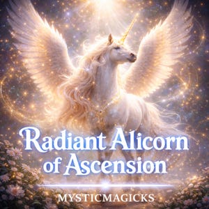 Pode incluir: Ilustração digital de um alicórnio branco com grandes asas emplumadas e um chifre dourado. O texto "Radiant Alicorn of Ascension" é exibido em uma fonte brilhante, com "MYSTICMAGICKS" abaixo. O fundo é uma cena celestial estrelada.