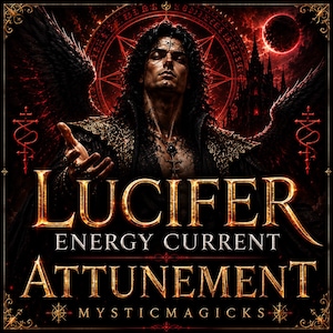 May include: Digital art featuring a dark-haired figure with wings, a cross pendant, and intricate tattoos. The image has a red and black color scheme with the word "LUCIFER" in gold lettering, along with "ENERGY CURRENT ATTUNEMENT" and "MYSTIC MAGICK" text.