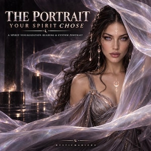 May include: A digital illustration featuring a person with long dark hair and light eyes, draped in flowing, translucent lavender fabric. The text reads THE PORTRAIT YOUR SPIRIT CHOSE, A SPIRIT VISUALIZATION READING & CUSTOM PORTRAIT, and MYSTIC MAGICKS.