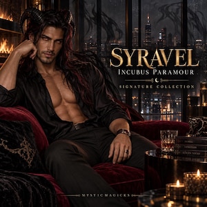 Könnte beinhalten: Eine digitale Illustration einer dunkelhaarigen Figur mit Hörnern, die ein schwarzes Hemd und eine schwarze Hose trägt und auf einem roten Samtsofa sitzt. Der Text lautet SYRAVEL INCUBUS PARAMOUR SIGNATURE COLLECTION und MYSTIC MAGICKS vor einer Skyline.